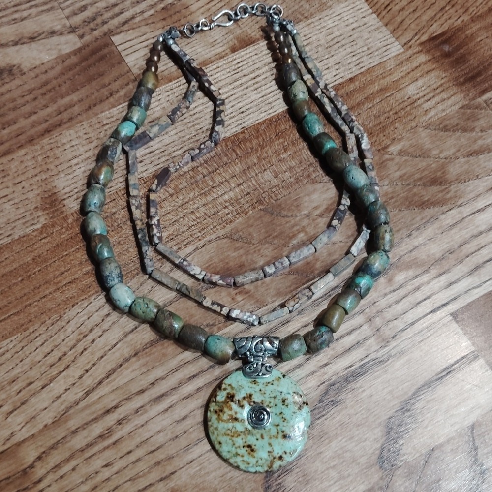 Vintage CFJ Multi-Strand Turquoise/ Natural Stone Necklace 925 Sterling Silver